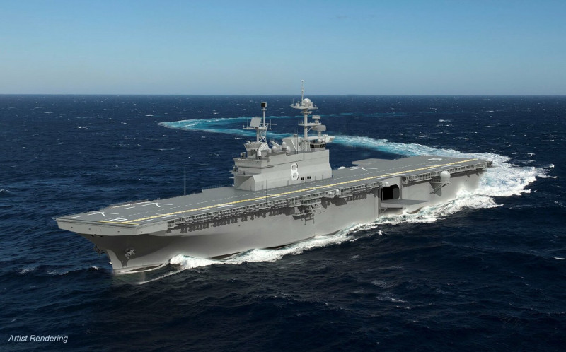 美國海軍「美利堅級」兩棲突擊艦「Flight 1」改進版本的1號艦「布干維爾號(LHA-8)」藝術渲染圖。   圖：翻攝Huntington Ingalls Industries官網