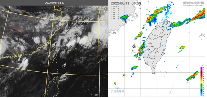 11日4：40真實色雲圖顯示，「滯留鋒」雲帶仍通過台灣附近(左圖)。4：50雷達回波合成圖顯示，台灣海峽及西南沿海有線狀降水回波(右圖)。   圖/「三立準氣象．老大洩天機」專欄