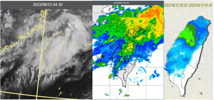 今天4：30真實色雲圖顯示，「滯留鋒」雲帶籠罩台灣(左圖)。4：30雷達回波合成圖顯示，除屏東、台東以外，皆有降水回波(中圖)。4：30累積雨量圖顯示，高雄以北明顯降雨(右圖)。   圖/取自「三立準氣象．老大洩天機」專欄