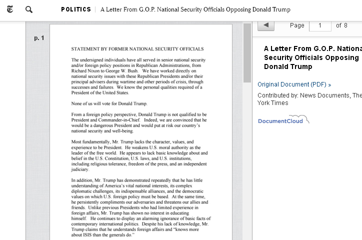 50名美國共和黨籍前高級國家安全官員在《紐約時報》發表公開信，呼籲選民不要投票給川普。   圖：翻攝《紐約時報》