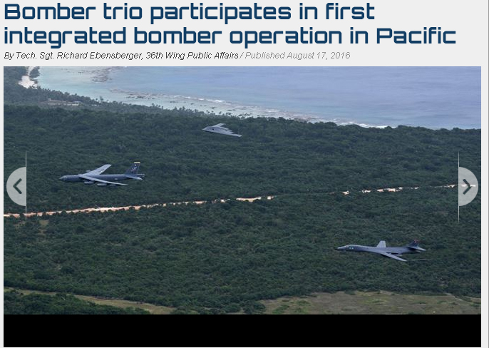 美國空軍發布新聞稿，展示B-1B、B-2以及B-52等3代轟炸機，飛越關鳥安德森空軍基地的照片。   圖：翻攝美國空軍官網/Senior Airman Joshua Smoot