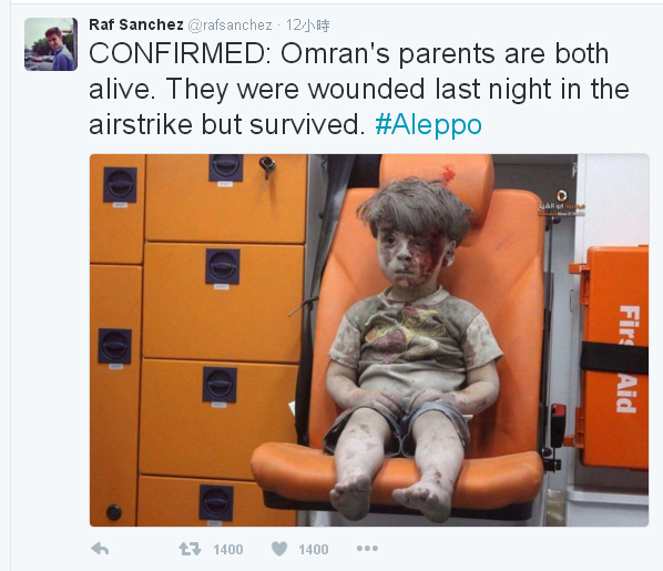 英國《每日電訊報》記者Raf Sanchez在推特上說明，這名引發全球關注的敍利亞男童父母都平安。   圖：翻攝Raf Sanchez推特