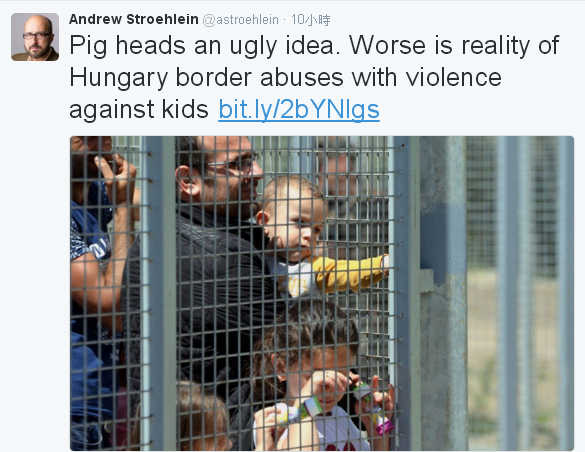 人權觀察組織主任史托伊萊抨擊匈牙利邊界使用暴力對付難民，連小孩也不放過，掛豬頭的主意根本是個ugly idea。   圖：翻攝史托萊推特