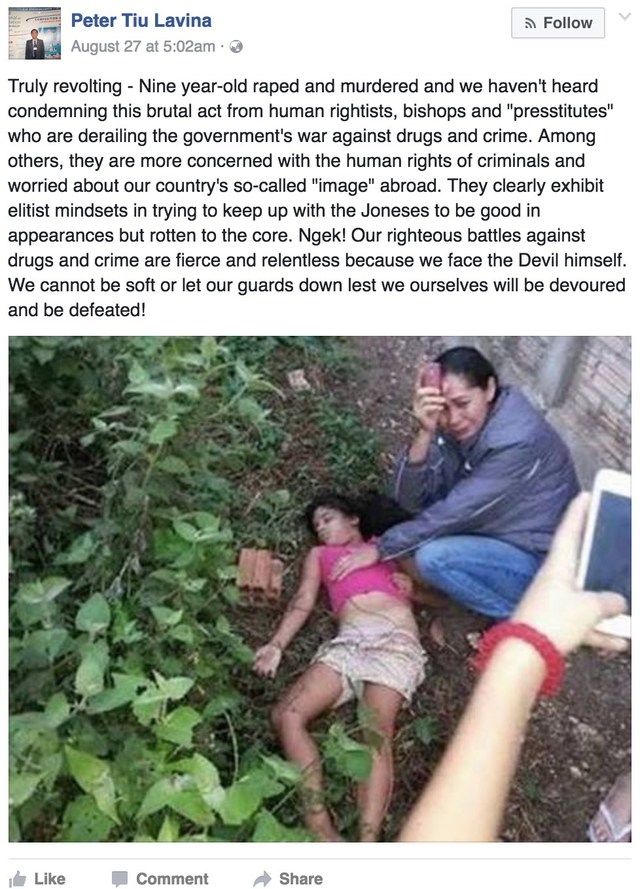 杜特地的發言人拉維納27日在instagram上，貼出女孩被姦殺的照片，砲轟人權團體袖手旁觀，但現已封鎖instagram。   圖：翻攝RAPPLER新聞網