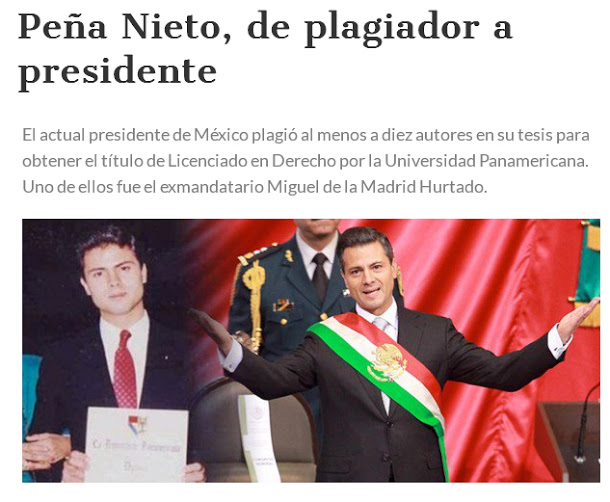 墨西哥新聞網站Aristegui Noticias以「剽竊總統」，報導涅託涉嫌論文抄襲。涅託母校也發出聲明，證實該報導。   圖：翻攝Aristegui Noticias官網