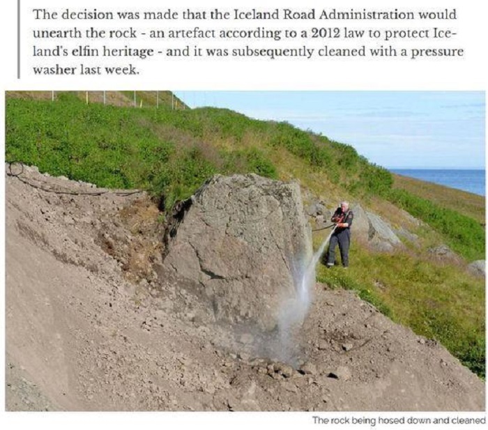冰島媒體30日報導，高速公路修路工人因不慎將據說被施了魔法的精靈石埋進土裡而觸怒了小精露，使冰島人不得不「屈服」，讓石頭重見天日。   圖：翻攝BoingBoing.net