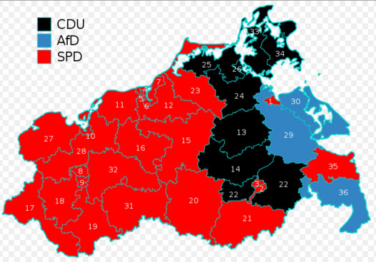 德國梅克倫堡 - 前波莫瑞州2016年地區選舉，右翼德意志另類選擇黨（AfD）躍升第2大黨。   圖：翻攝維基網站