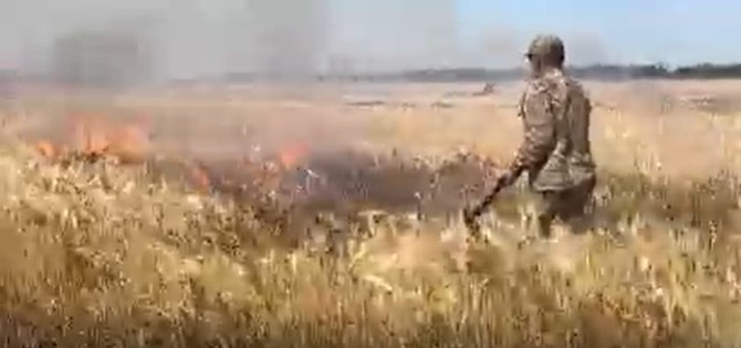 烏克蘭軍隊發現麥田失火後，不顧自身安危，立即前往撲滅。   圖：翻攝自烏克蘭外交部臉書