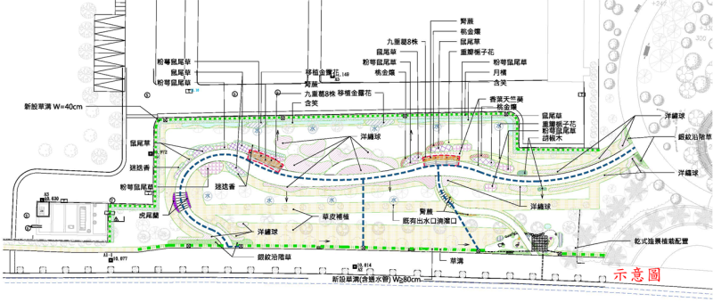 新北市北大污水廠四季草花公園平面配置圖。   圖：新北市水利局/提供