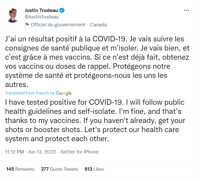 加拿大總理杜魯道今宣布確診，透露自己身體狀況良好。   圖:翻攝自杜魯道推特