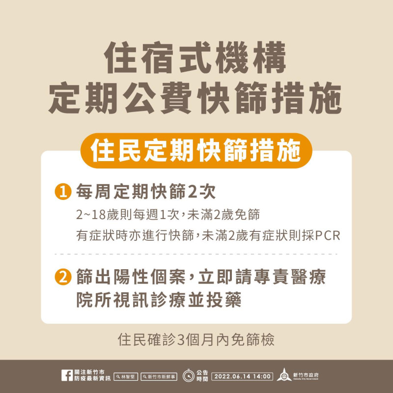 6月中旬至7月31日止，實施住宿式機構定期公費快篩措施。   圖：新竹市政府提供