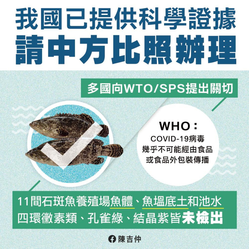 農委會主委陳吉仲表示，有關我國石斑魚相關檢驗結果以提供給中國，呼籲中方比照辦理。   圖：擷取自陳吉仲臉書