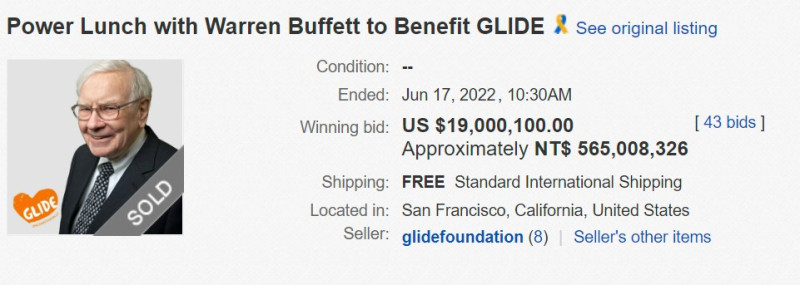 股神巴菲特慈善午餐拍賣，以1,900萬美元（約新台幣5.6億元）結標。    圖：翻攝自eBay