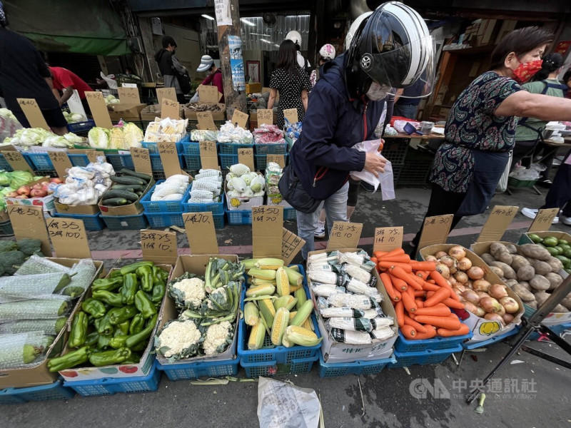 央行表示，亞洲國家台灣、日本、韓國的食物類商品權數較歐美高，食物類價格上漲對通膨的影響大。圖為民眾在北投市場採買蔬菜。   圖/中央社