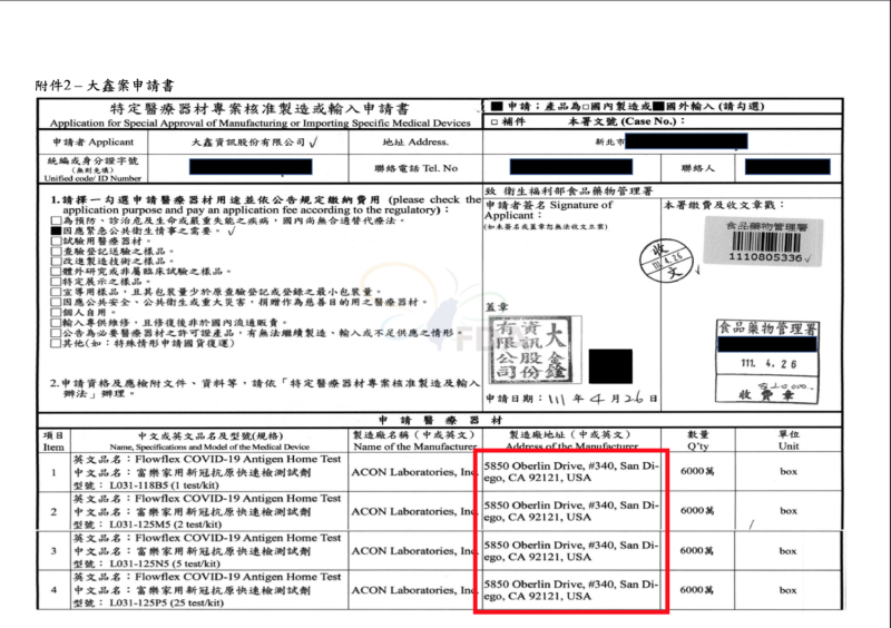 針對網傳大鑫黑心快篩遭爆「早知情是陸製」一事，今食藥署秀文件提出澄清。   圖：食藥署/提供