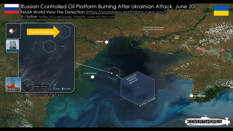 6月20日傳烏克蘭攻擊克里米亞半島外鑽油平台設施，美國軍事專家以衛星照片證明圖像上顯示的火光「不是人們所說」的攻擊事件。   圖：翻攝 H I Sutton推特