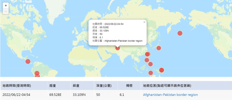 南亞國家阿富汗在台北時間4時24分發生規模6.1有感地震，傳逾250人死亡。   圖：擷取中央氣象局地震測報中心網頁
