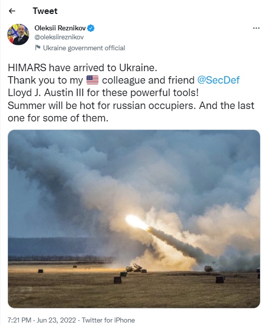 烏克蘭國防部長列茲尼科夫推文感謝美國送來HIMARS   圖：翻攝自列茲尼科夫推特