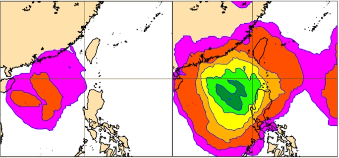 最新(24日20時)歐洲(ECMWF)系集模式，模擬1日20時機率分布圖顯示，台灣至南海一帶有「熱帶擾動」活動的跡象，以東沙島南方海域機率最高，達60%(右圖)。模擬其發展成颱的機率(≦20%)仍偏低(左圖)。   