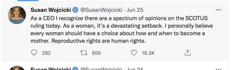 YouTube執行長Susan Wojicki發文表態，對美國最高法院的裁決表示失望。   圖：截自Susan Wojicki推特