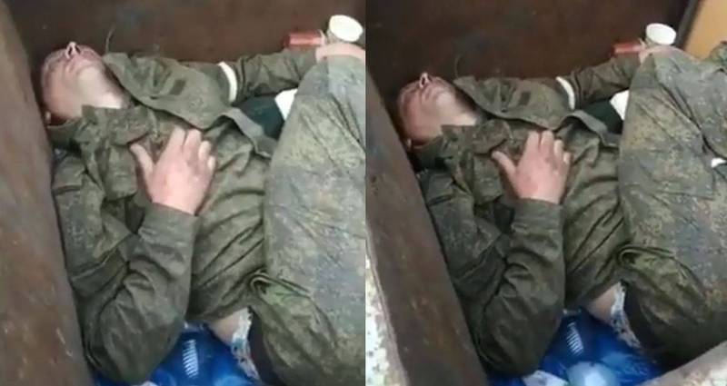 一名喝到爛醉的俄羅斯士兵躲在垃圾桶裡呼呼大睡，引來烏克蘭人圍觀訕笑。   圖：翻攝推特
