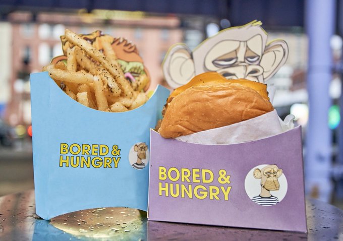 全球首家加密貨幣漢堡快餐店「Bored & Hungry」現已拒收加密貨幣，取而代之的是使用美元結算。   圖：翻攝自Bored & Hungry Twitter