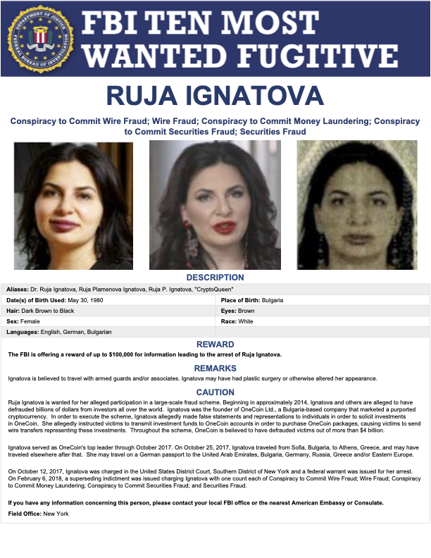 「加密貨幣女王」魯加·伊格納托娃（Ruja Ignatova）被列入十大通緝要犯名單。   圖：擷取自美國聯邦調查局（FBI）網站
