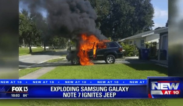 三星手機 Galaxy Note 7電池爆炸事件頻傳，美國佛洲更傳出電池爆炸引發火燒車的嚴重事故。   圖：翻攝網路