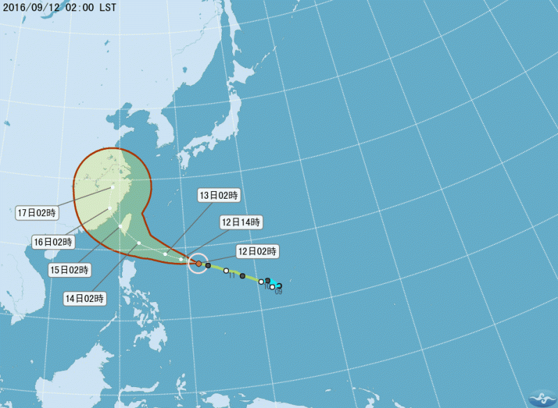 今年第14號颱風莫蘭蒂直撲台灣而來，氣象局預測，最快12日深夜到13日凌晨就會發布海上颱風警報。   圖：翻攝自氣象局官網