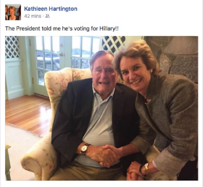 甘迺迪家族成員19日透過臉書表示，共和黨籍前總統老布希打算把票投給民主黨的希拉蕊。   圖：翻攝Kathleen Hartington臉書