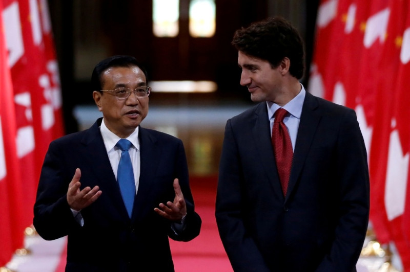中國國務院總理李克強與加拿大總理杜魯道22日聯合發表聲明指出，兩國已經同意就自由貿易協定展開會談。    圖：達志影像／路透社