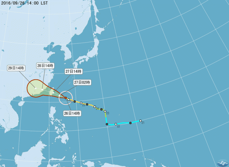 第17號颱風梅姬來勢洶洶，氣象局26日下午2時30分擴大陸上颱風警報，將全台16縣市納入警戒範圍。花東部分地區也發佈26日晚間停班停課消息。   圖：翻攝中央氣象局網站
