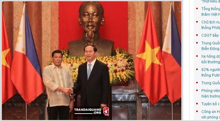 越南國家主席陳大光（右）與來訪的菲律賓總統杜特地，在南海議題上達成合作共識。   圖：翻攝越南政府網站