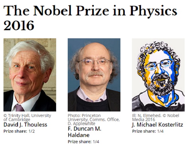 2016年諾貝爾物理獎由英國出生的美籍科學家杜列斯、哈爾丹和科斯特利茲3人分享殊榮。   圖：翻攝諾貝爾獎官網