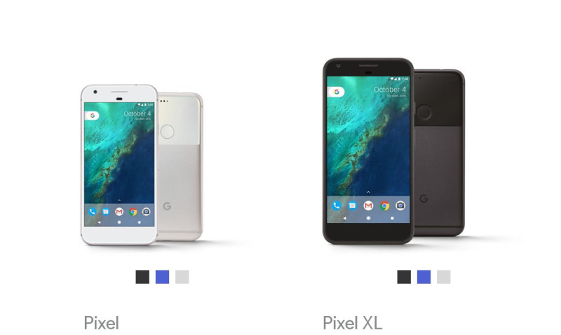 Google推出取名為「Pixel」的新智慧型手機，分為5及5.5吋，共有銀色、黑色、藍色三種顏色可供選擇，但目前台灣尚未接受預購。   圖：翻攝google官網