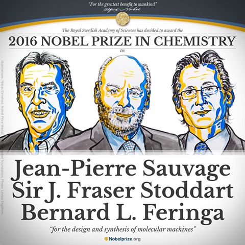 2016諾貝爾化學獎得主揭曉，由索瓦吉（Jean-Pierre Sauvage）、史托達特（J. Fraser Stoddart）與費倫加（Bernard L. Feringa）3位科學家共享殊榮。    圖：翻攝自NobelPrize官網