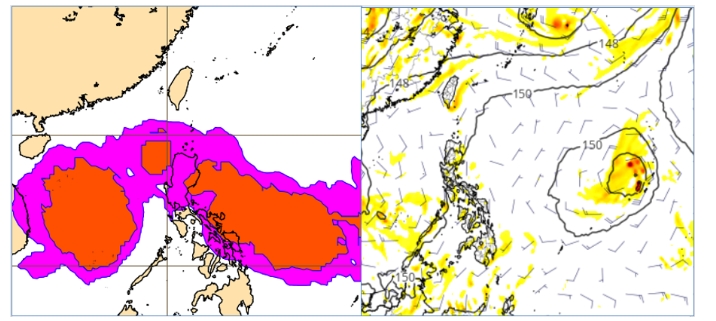 最新(2日20時)歐洲(ECMWF)系集模式10日20時模擬圖(左圖)顯示，菲律賓東方至南海海面有20%「熱帶擾動」發展的機率。美國(GFS)模式10日20時模擬圖(右圖)則顯示，菲律賓東方海面有「熱帶擾動」發展。(右圖擷自tropical tidbits)   圖/「三立準氣象．老大洩天機」專欄