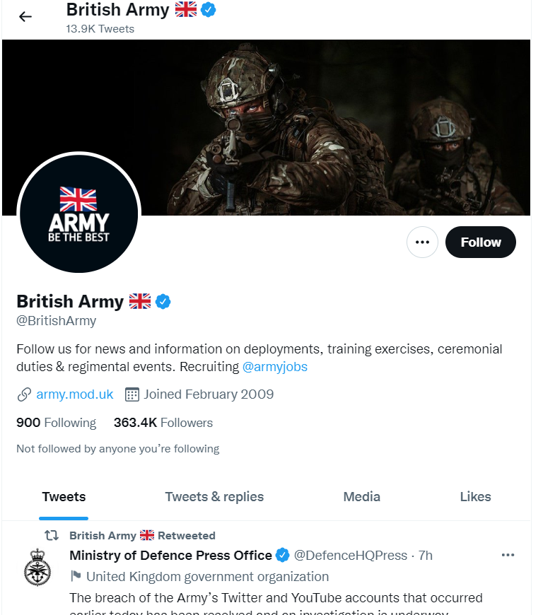 英國陸軍的推特現在已經恢復正常。   圖:翻攝自推特