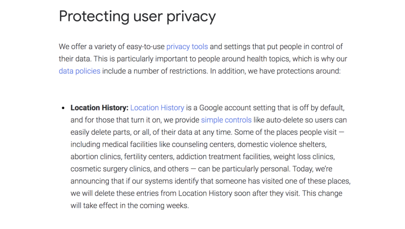 Google將刪除用戶去過的墮胎診所、生育中心等醫療相關場所的位置紀錄。   圖：截自Google官方部落格