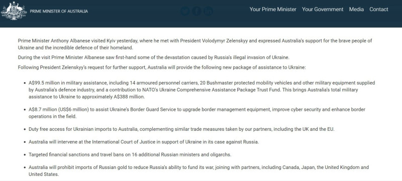 澳洲總理安東尼·艾班尼斯宣布提供烏克蘭新的一系列援助計畫。   圖：翻攝自艾班尼斯總理辦公室官網