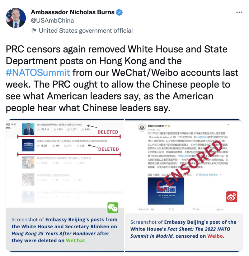 美國駐華大使伯恩斯（NicholasBurns）在推特發文，指控中國網管又刪大使館貼文。   圖：翻攝自Ambassador Nicholas Burns Twitter