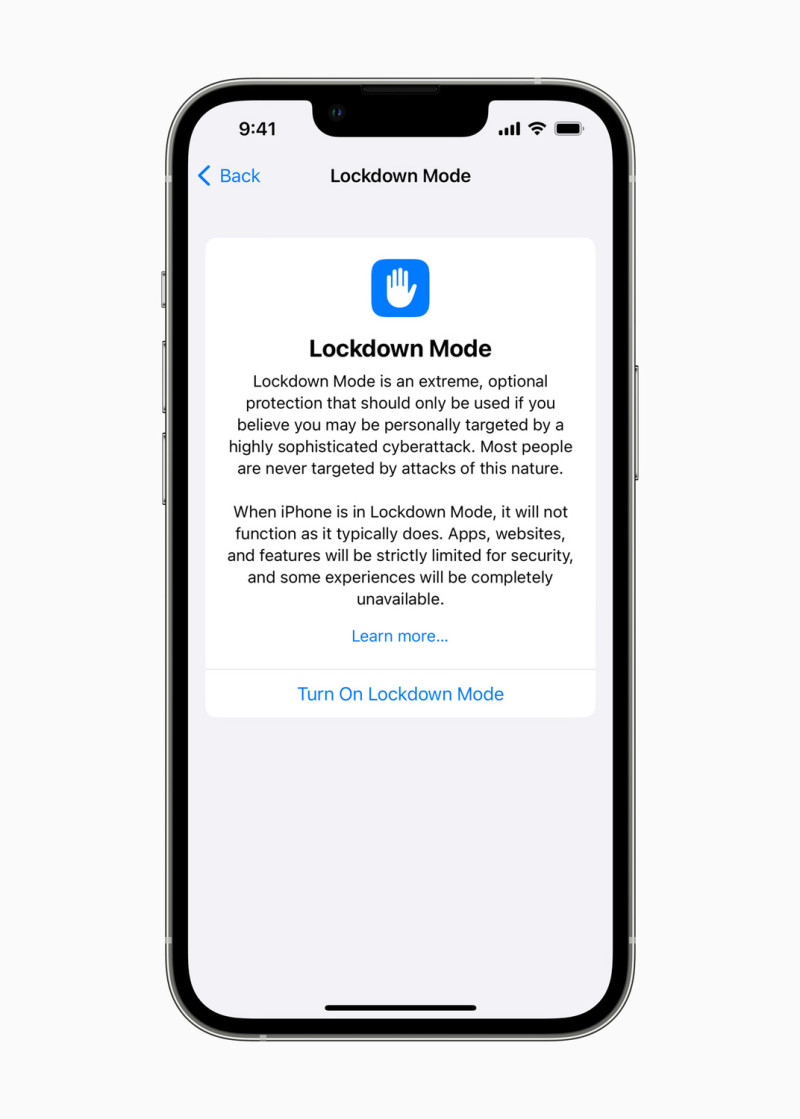 蘋果昨日宣布增加「Lockdown Mode」，保護記者、社運人士等用戶。   圖：取自蘋果官網