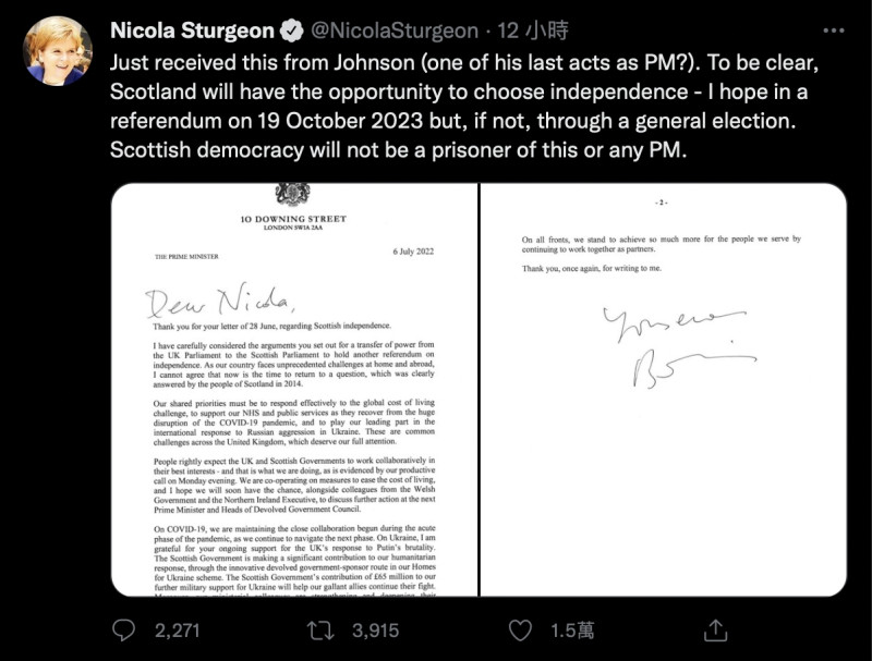 強生的信件開門見山，稱在當前英國面臨的國內外形勢下，他「不認為當前是回到這個問題（指舉行蘇格蘭獨立公投）的時候」。   圖：擷自史特金推特@NicolaSturgeon