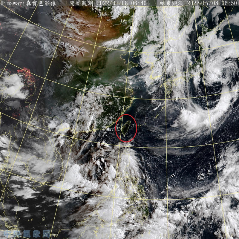 受到高壓影響，今天全台午後雷陣雨發生機率將略微減少，澎湖、金門與東南部地區有零星短暫陣雨。   圖：中央氣象局/提供