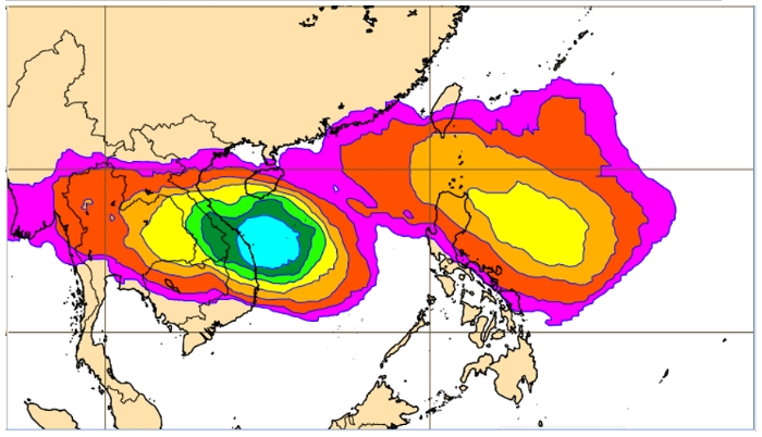 最新(8日20時)歐洲(ECMWF)系集模式模擬圖顯示，下週三(13日)20時菲律賓東方及南海海面「熱帶擾動」的模擬機率，分別已達40%及70%。   圖/在「三立準氣象．老大洩天機」專欄