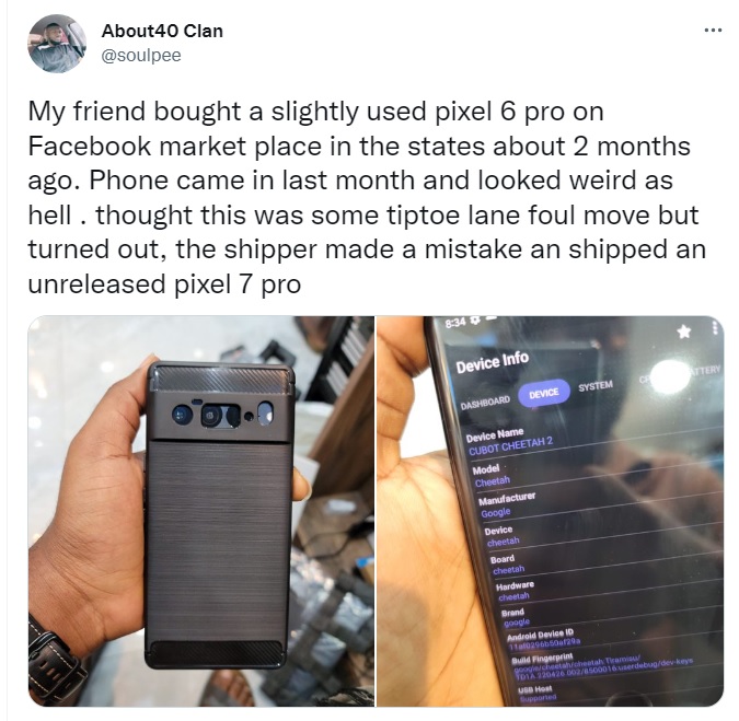 國外網友在臉書買手機，竟然收到了一台未發佈的Google Pixel 7 Pro手機。   圖：翻攝自About40 Clan推特