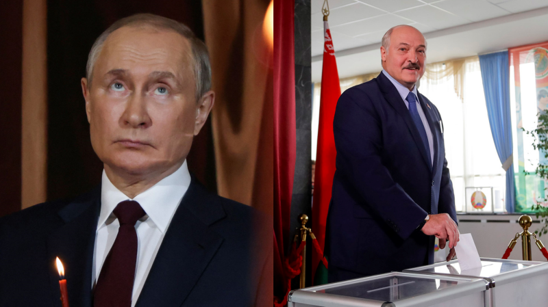 俄羅斯總統普丁（Vladimir Putin，左）和白俄羅斯強人領袖盧卡申科（Alexander Lukashenko）針對立陶宛「非法」運輸限制對加里寧格勒造成的影響，討論可能的聯合反制行動。   圖：路透社、美聯社（資料照，新頭殼合成）