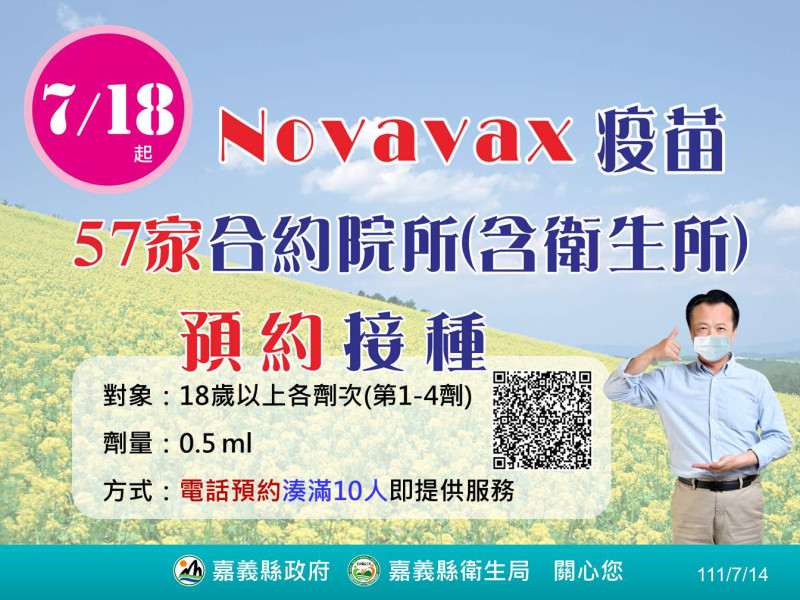 嘉義縣18日起開放57家合約院所Novavax預約接種。   圖：嘉義縣政府/提供