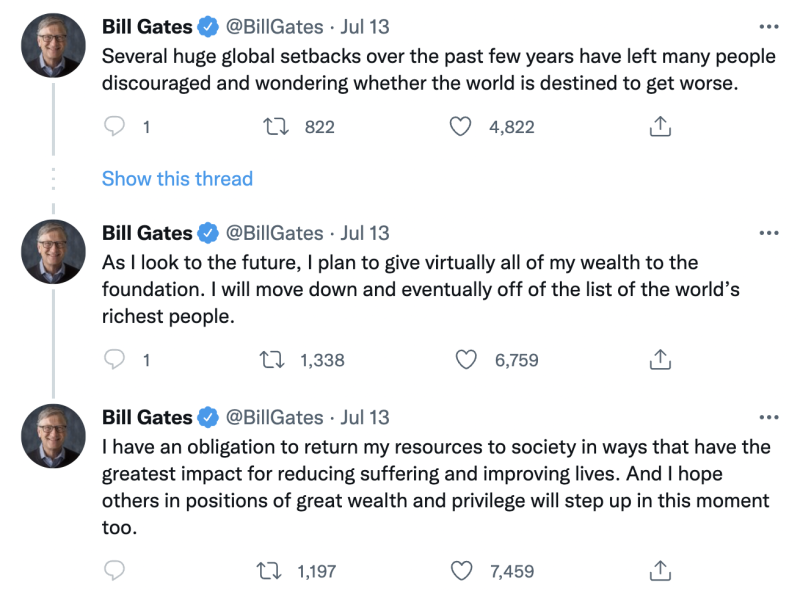 比爾蓋茲 13 日在推特發文，表示將捐出所有財富。   圖：擷取自比爾蓋茲推特