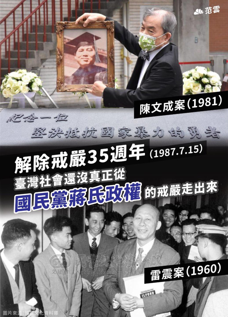 今天7月15日解嚴35週年，民進黨立委范雲表示，「台灣社會還沒得到國民黨政權殘暴的真相，還沒真正從國民黨蔣氏政權的戒嚴中走出來」。   圖：取自范雲臉書